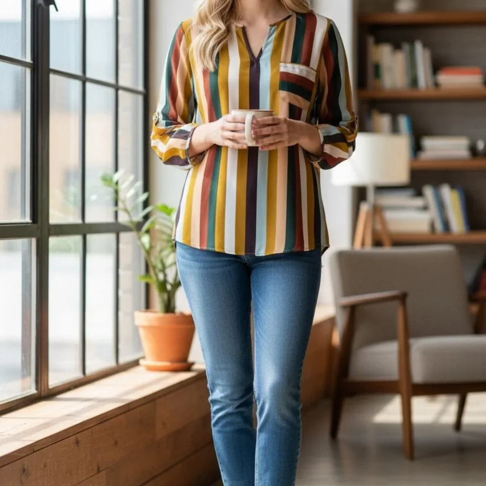 Lily White Earth Tone Vertical Striped Roll Tab Blouse Size Medium - Picture 6 of 6